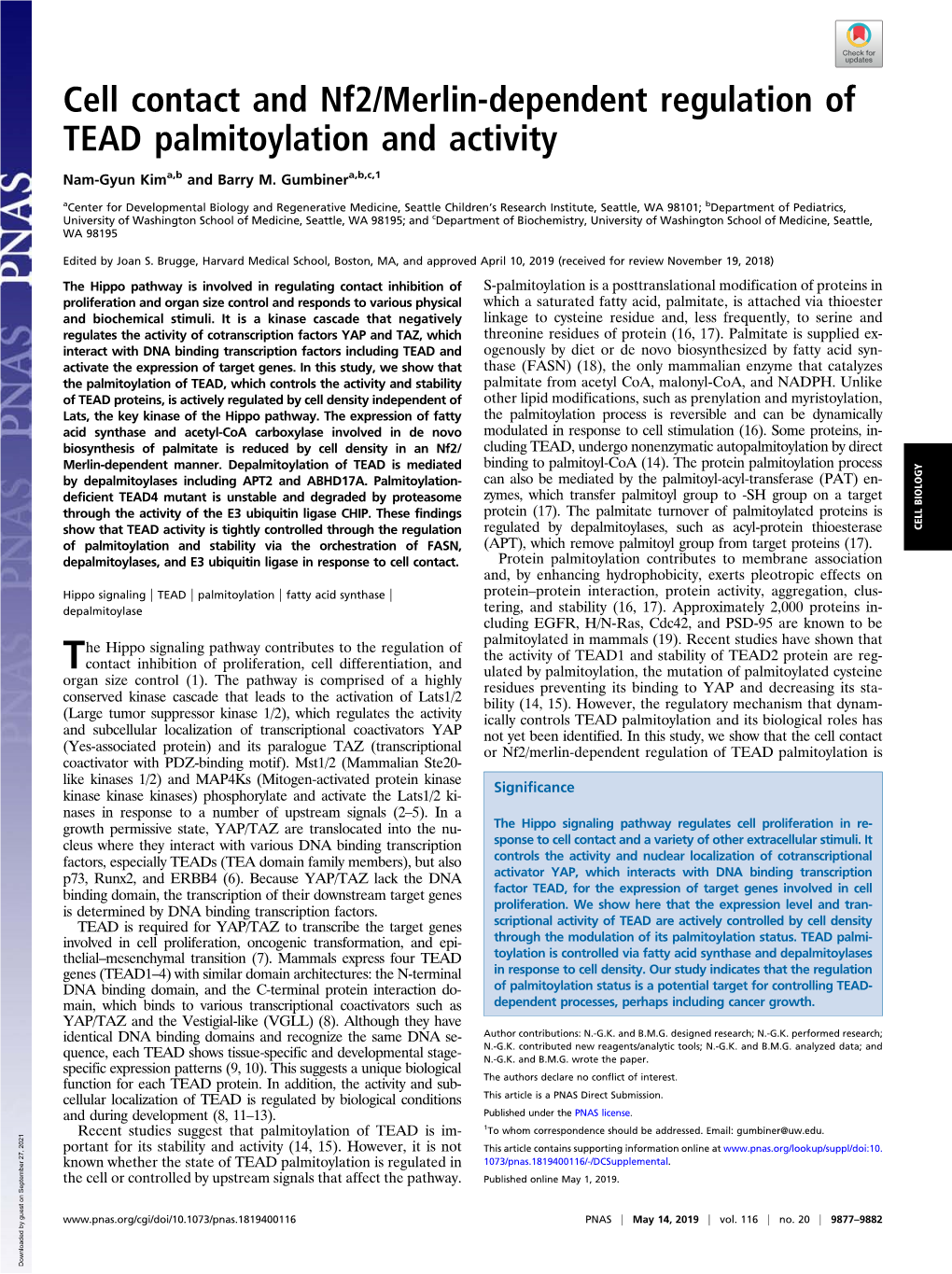 Cell Contact and Nf2/Merlin-Dependent Regulation of TEAD Palmitoylation and Activity