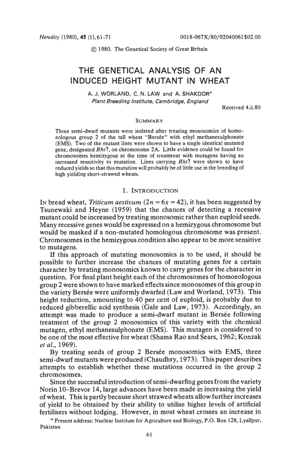 The Genetical Analysis of an Induced Height Mutant In