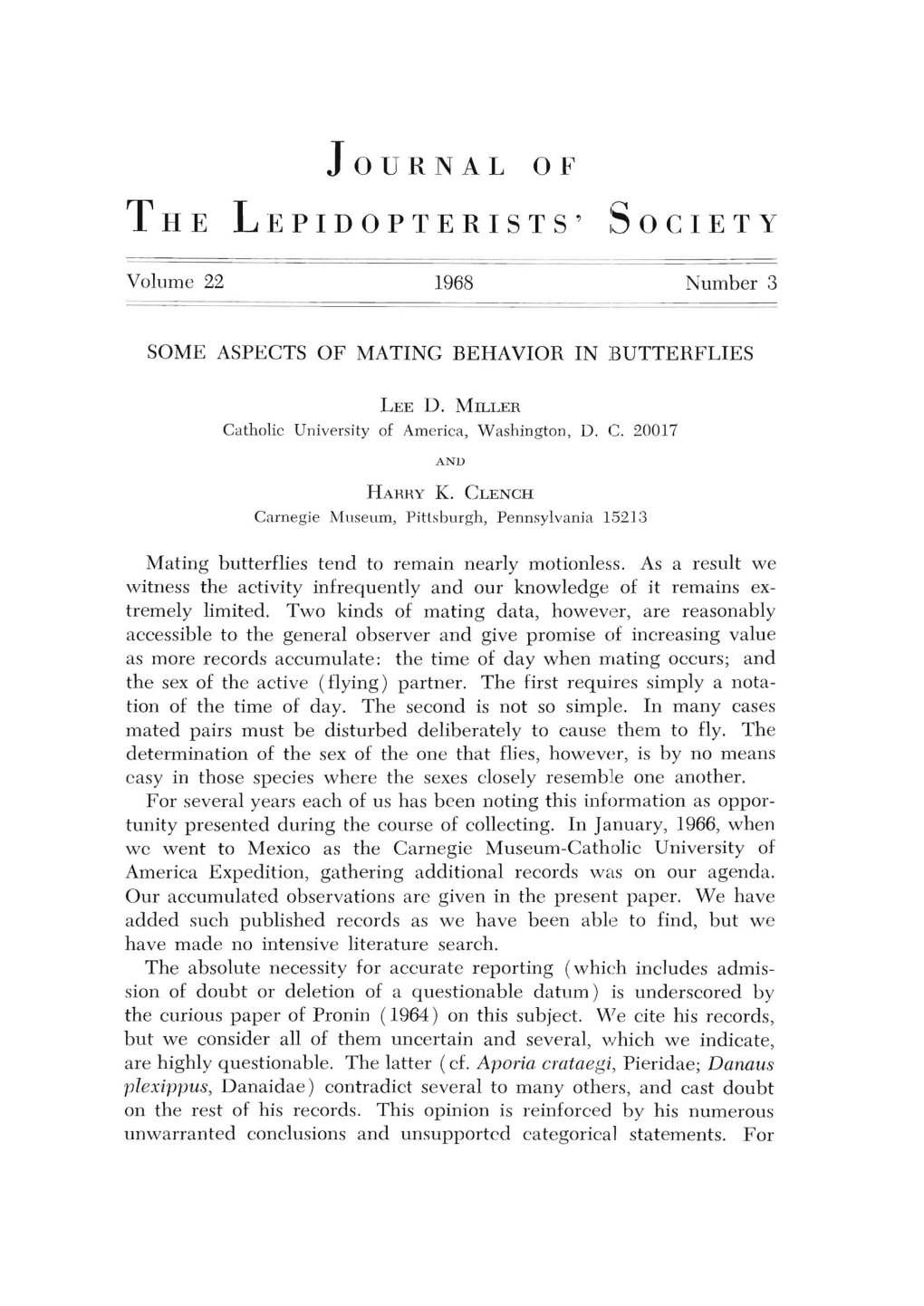 Some Aspects of Mating Behavior in Butterflies