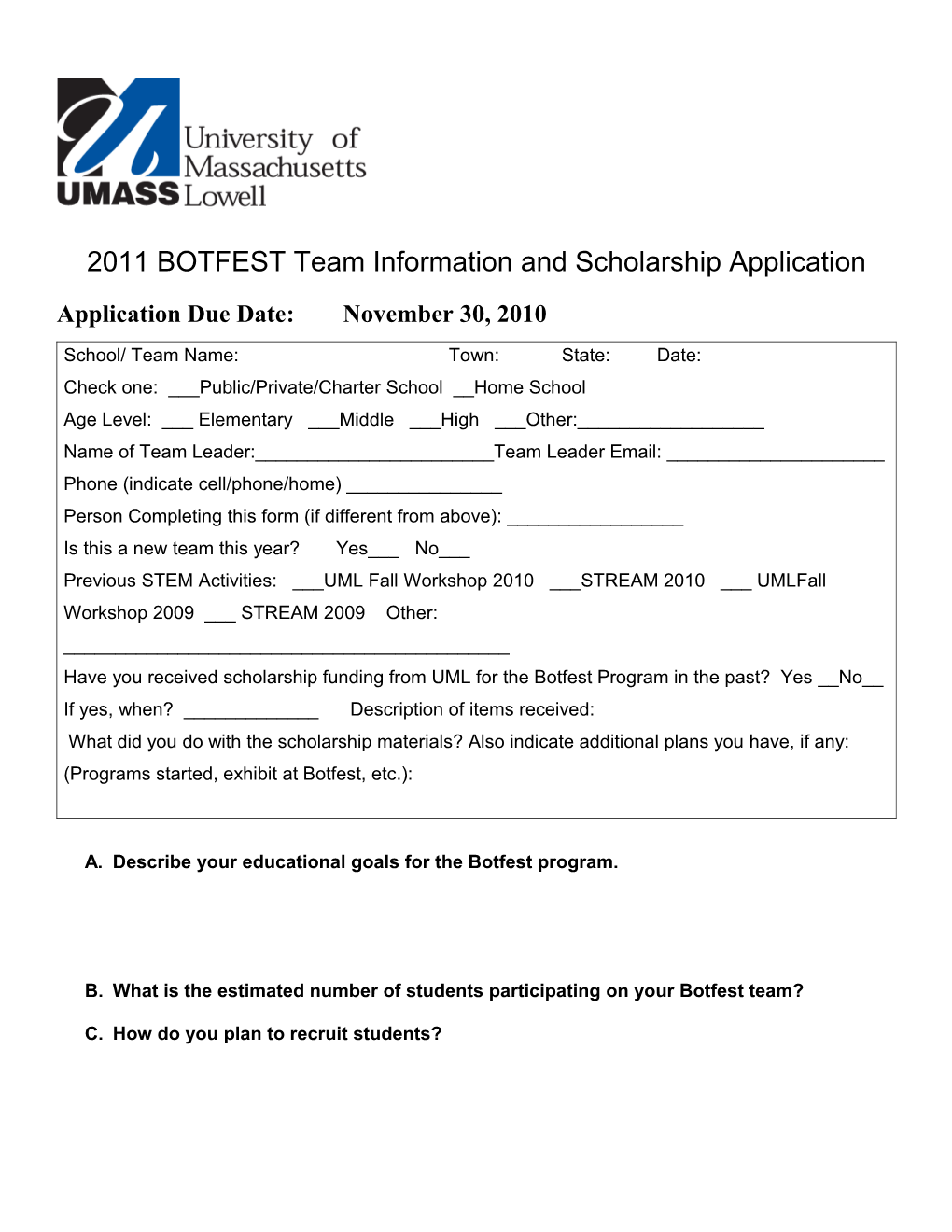 2011 BOTFEST Team Information and Scholarship Application