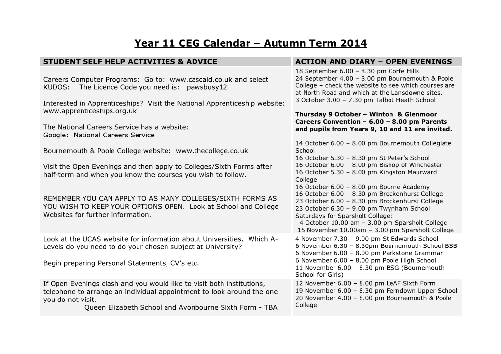 Year 11 CEG Calendar – Autumn Term 2011