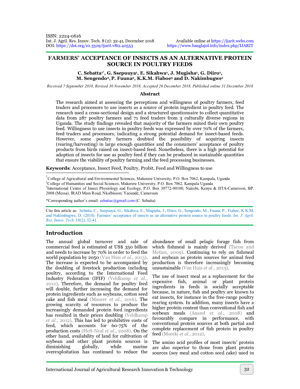 Farmers' Acceptance of Insects As an Alternative Protein Source in Poultry