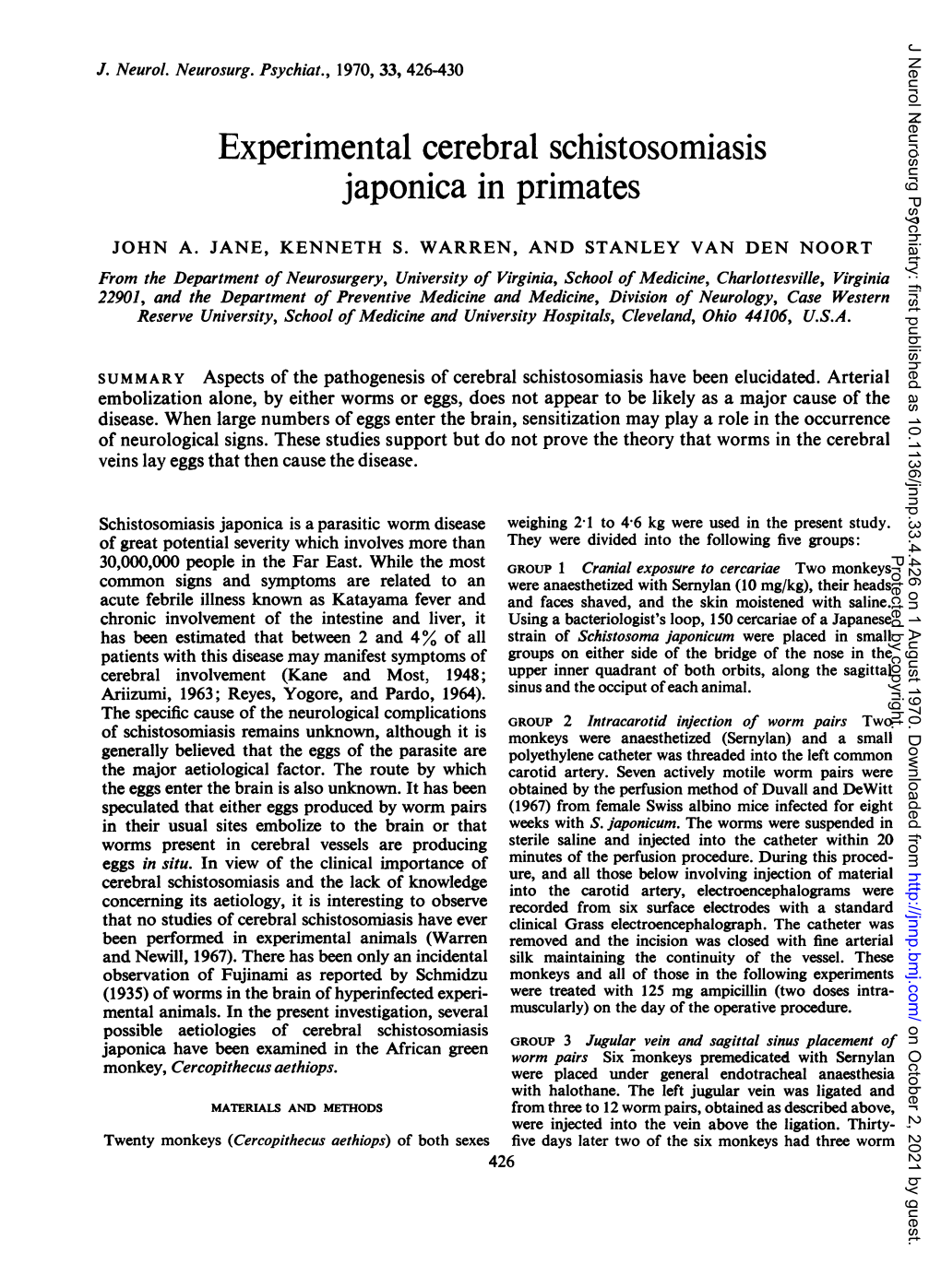 Experimental Cerebral Schistosomiasis Japonica in Primates