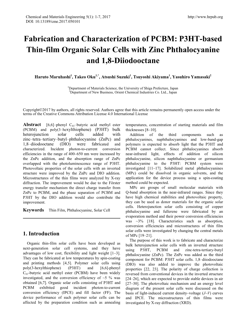 P3HT-Based Thin-Film Organic Solar Cells with Zinc Phthalocyanine and 1,8-Diiodooctane