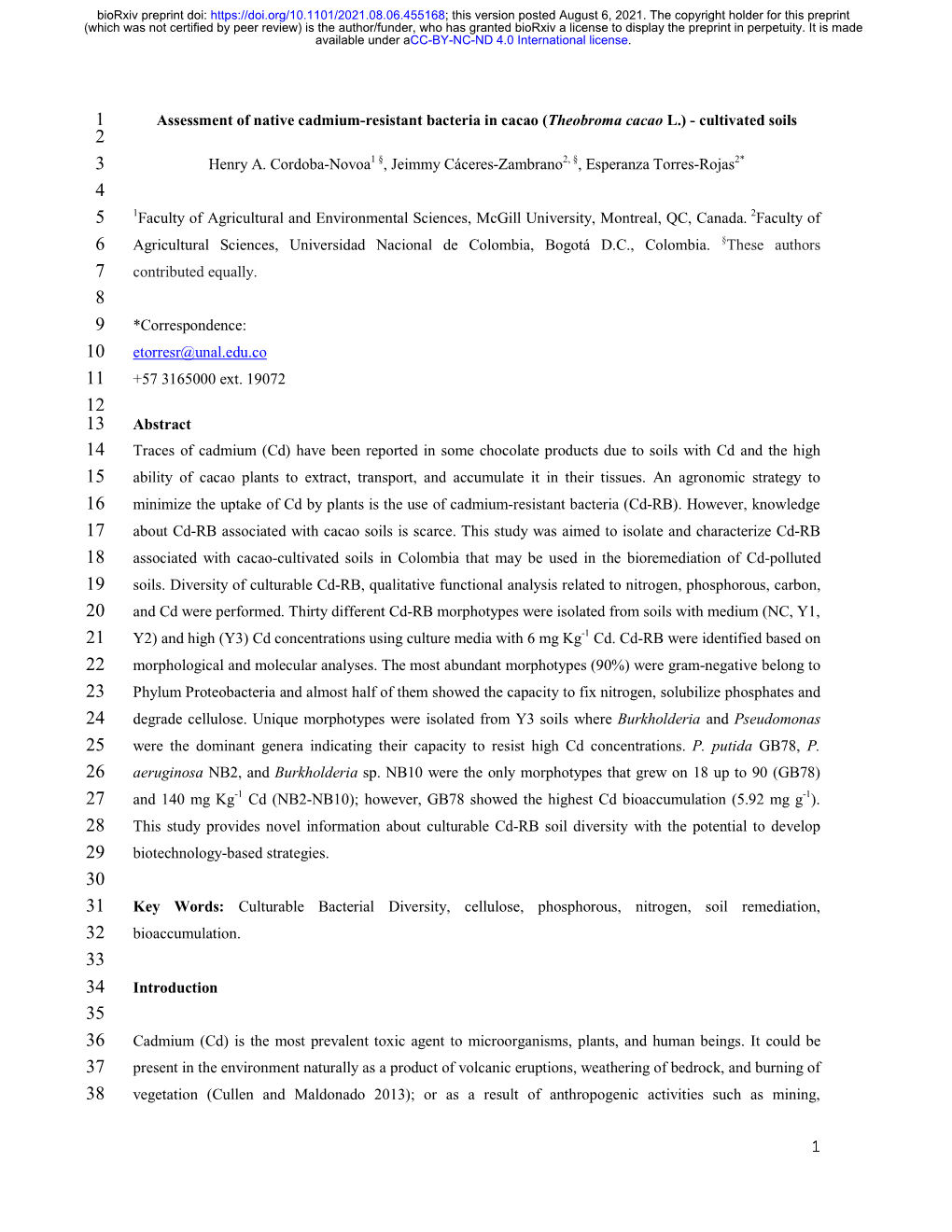 Assessment of Native Cadmium-Resistant Bacteria in Cacao (Theobroma Cacao L.) - Cultivated Soils 2 3 Henry A