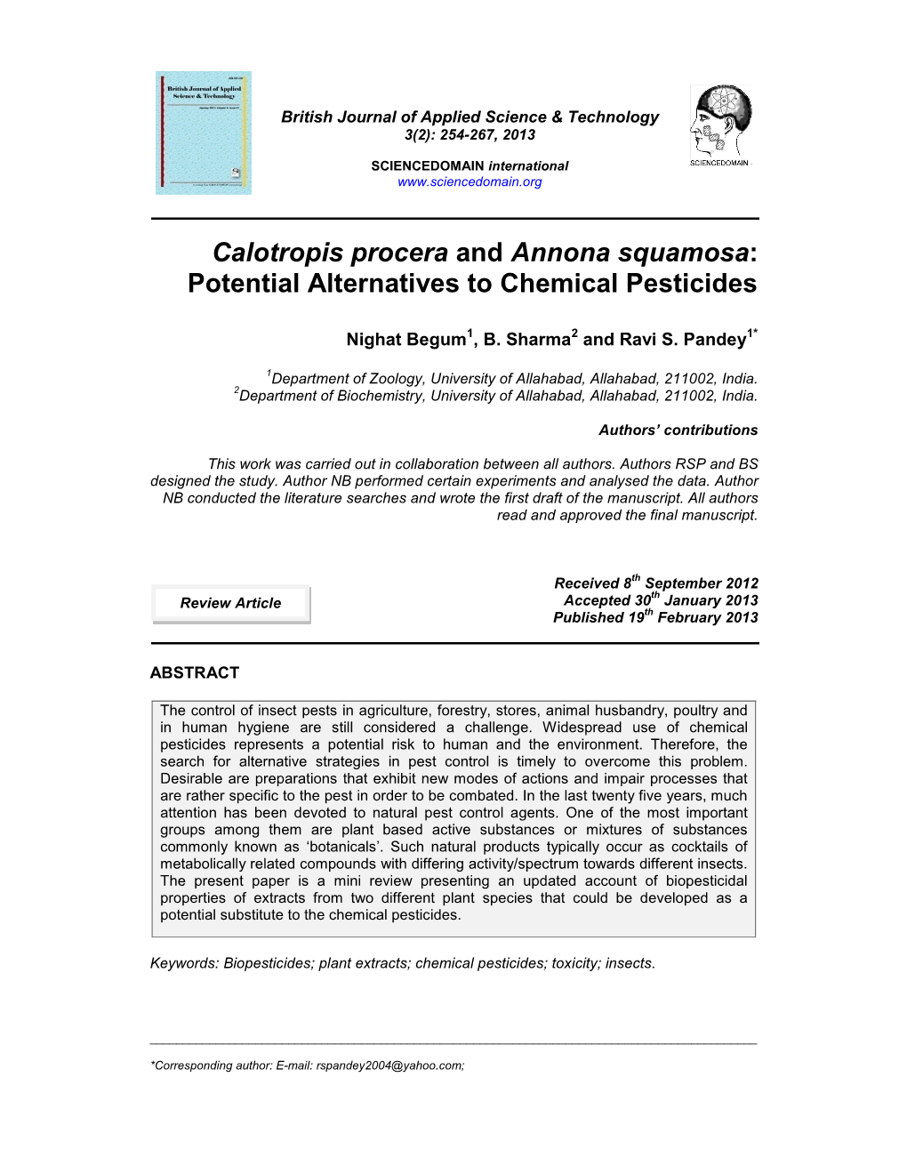 Calotropis Procera and Annona Squamosa: Potential Alternatives to Chemical Pesticides