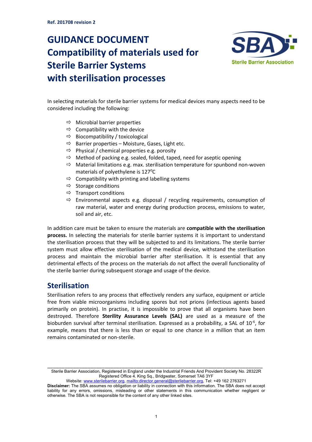 GUIDANCE DOCUMENT Compatibility of Materials Used for Sterile Barrier Systems with Sterilisation Processes