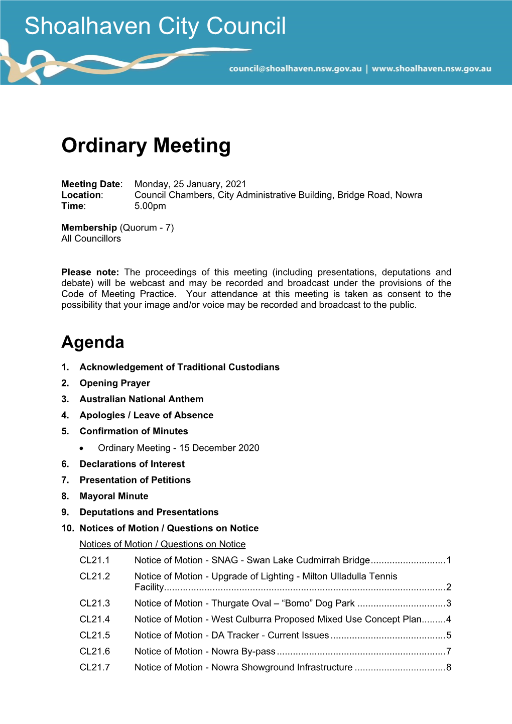 Agenda of Ordinary Meeting
