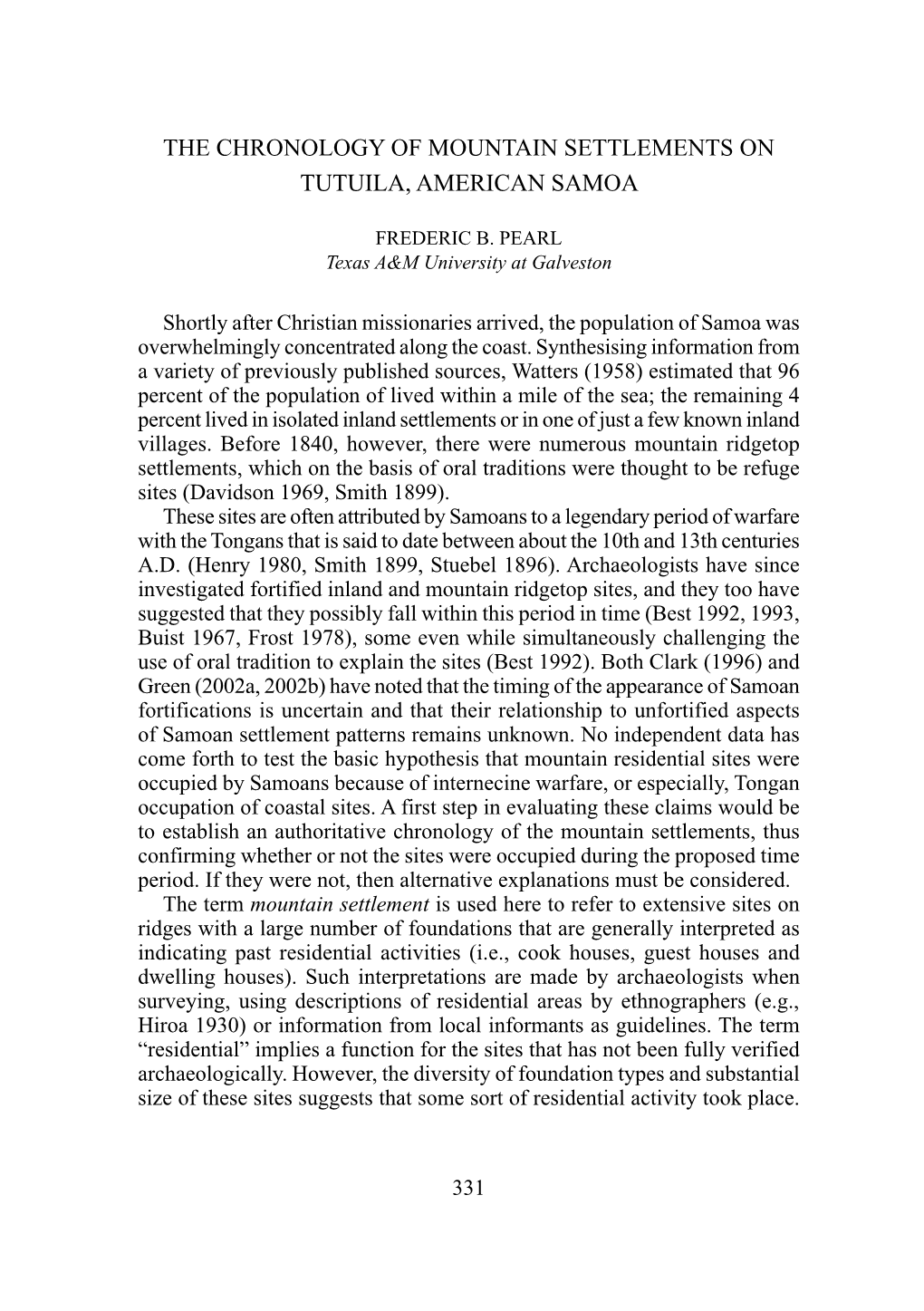 The Chronology of Mountain SETTLEMENTS on Tutuila, American Samoa