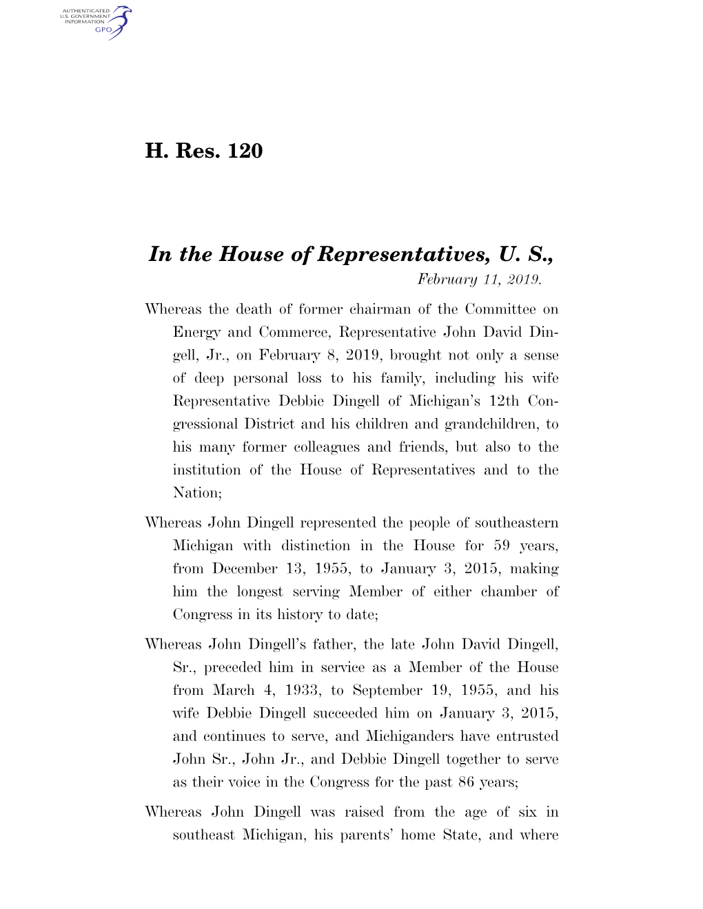 H. Res. 120 in the House of Representatives, U