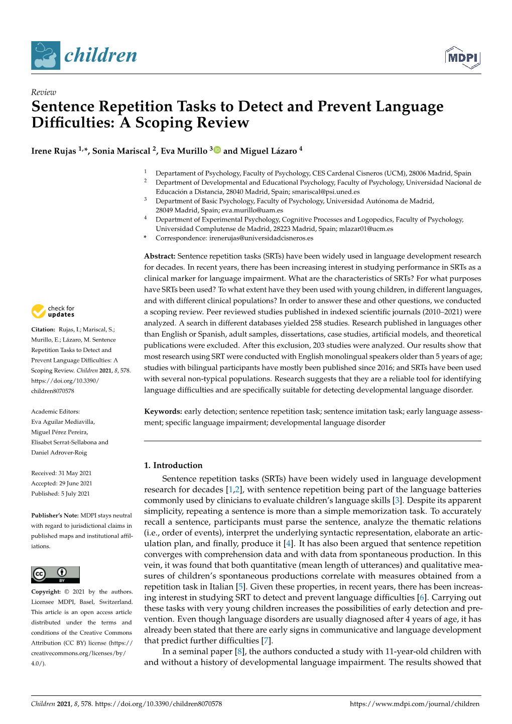 Sentence Repetition Tasks to Detect and Prevent Language Difficulties