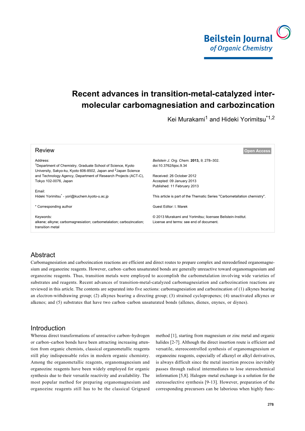 Recent Advances in Transition-Metal-Catalyzed Inter- Molecular Carbomagnesiation and Carbozincation