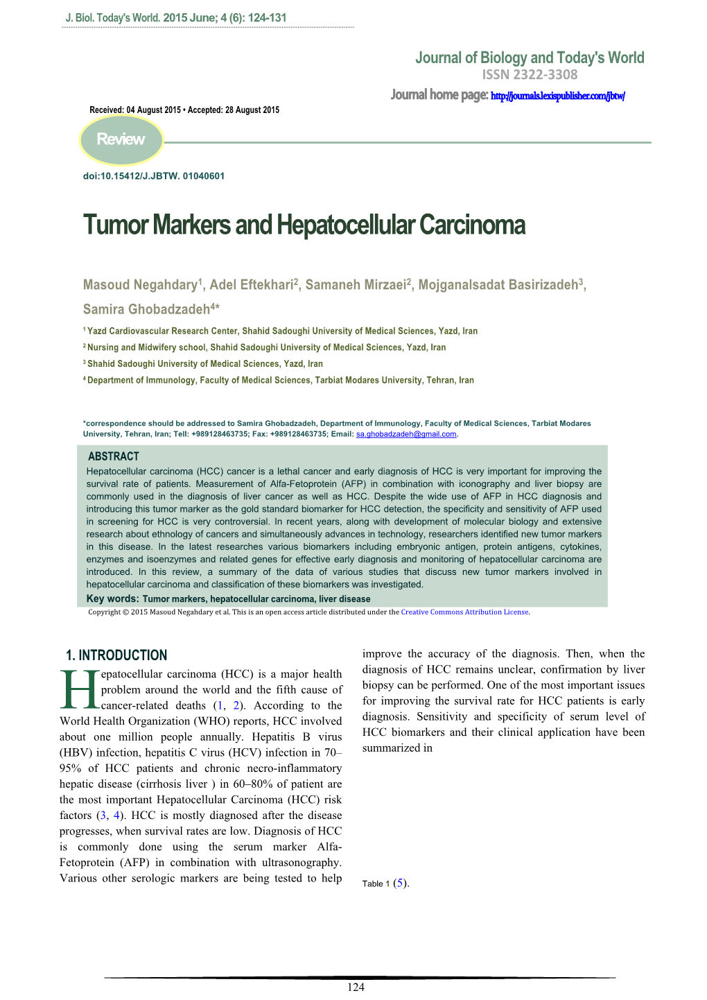 Tumor Markers and Hepatocellular Carcinoma