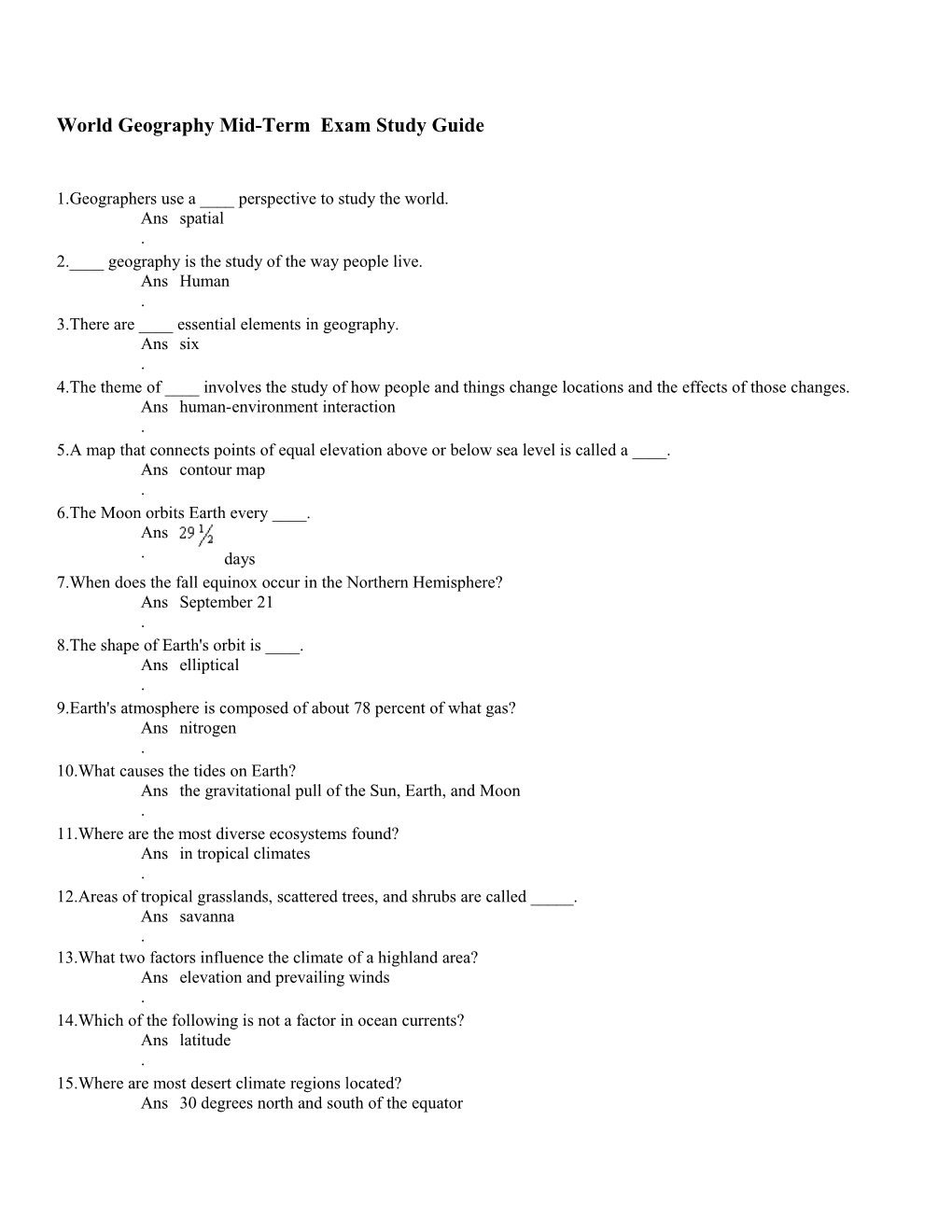 World Geography Mid-Term Exam Study Guide