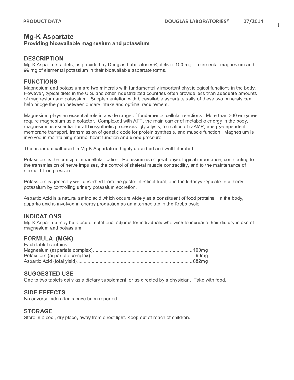 Mg-K Aspartate Providing Bioavailable Magnesium and Potassium