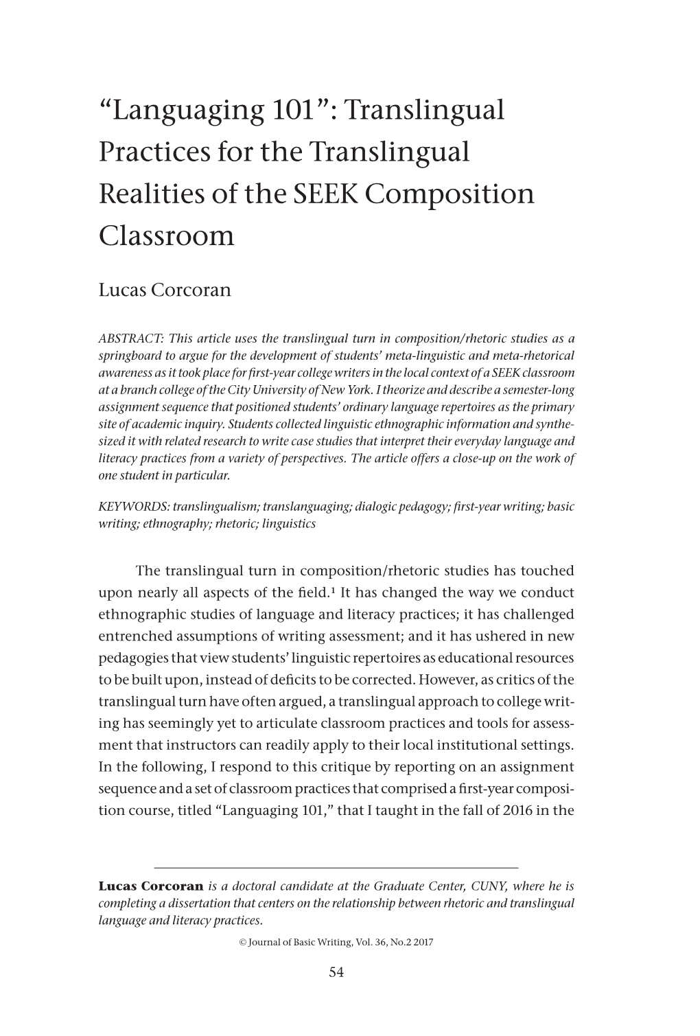 “Languaging 101”: Translingual Practices for the Translingual Realities of the SEEK Composition Classroom