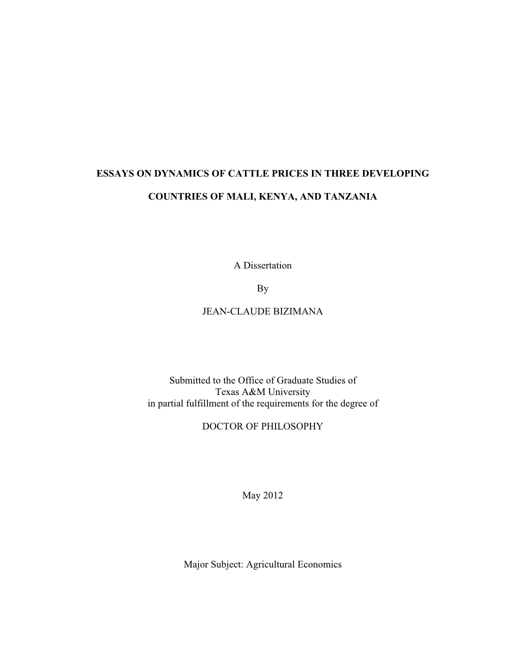 Essays on Dynamics of Cattle Prices in Three Developing