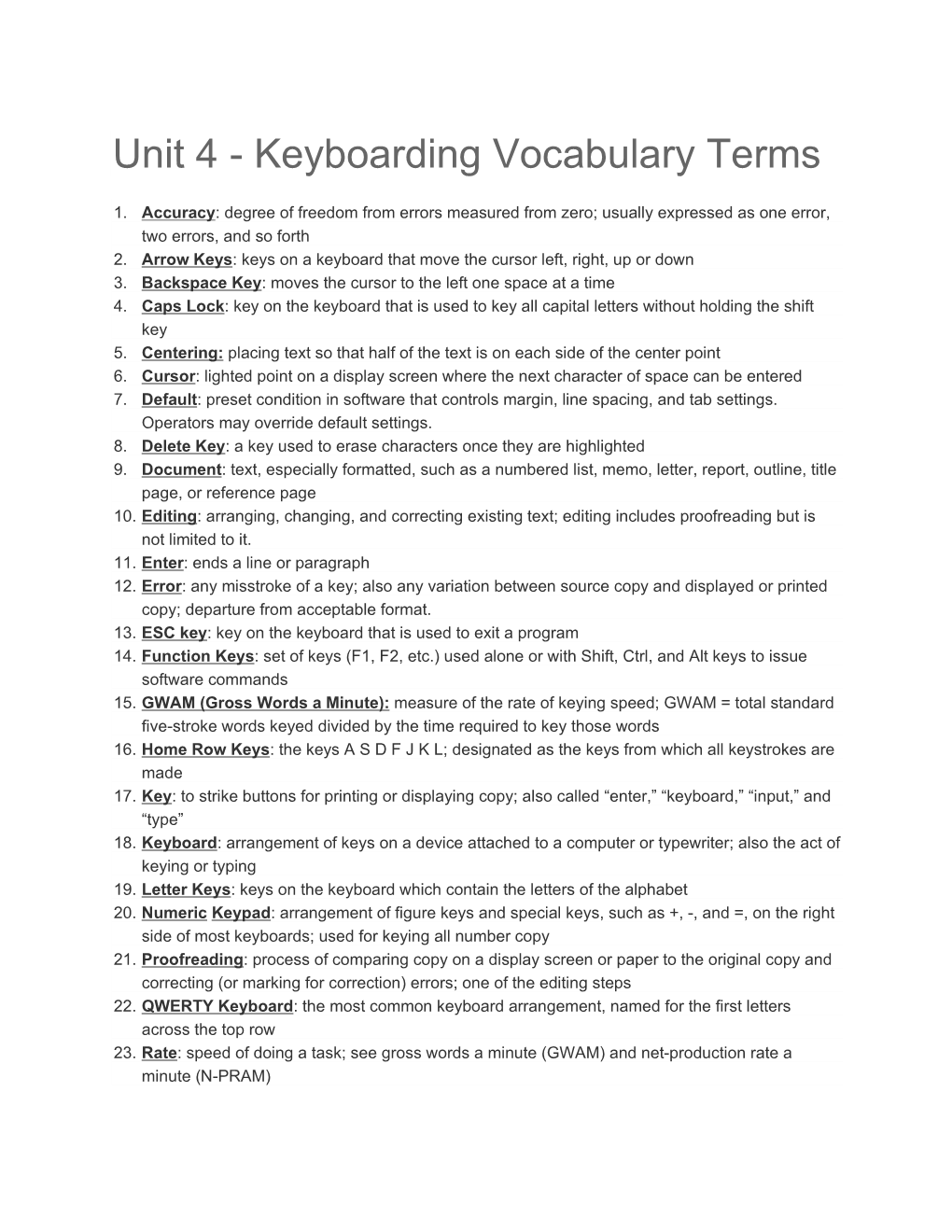 Unit 4 - Keyboarding Vocabulary Terms