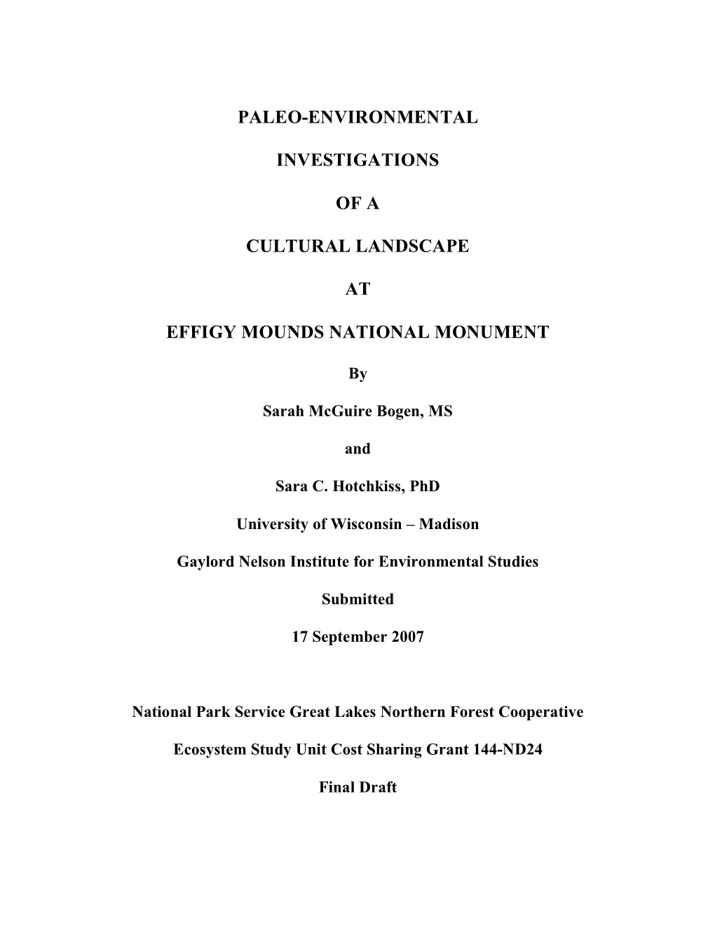 Paleo-Environmental Investigations of a Cultural Landscape at Effigy Mounds National Monument