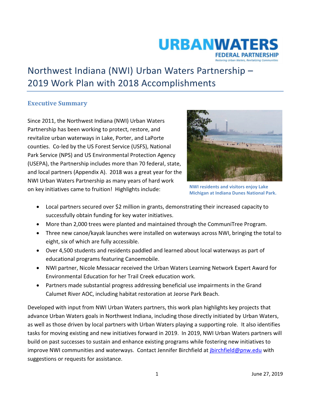Northwest Indiana (NWI) Urban Waters Partnership – 2019 Work Plan with 2018 Accomplishments