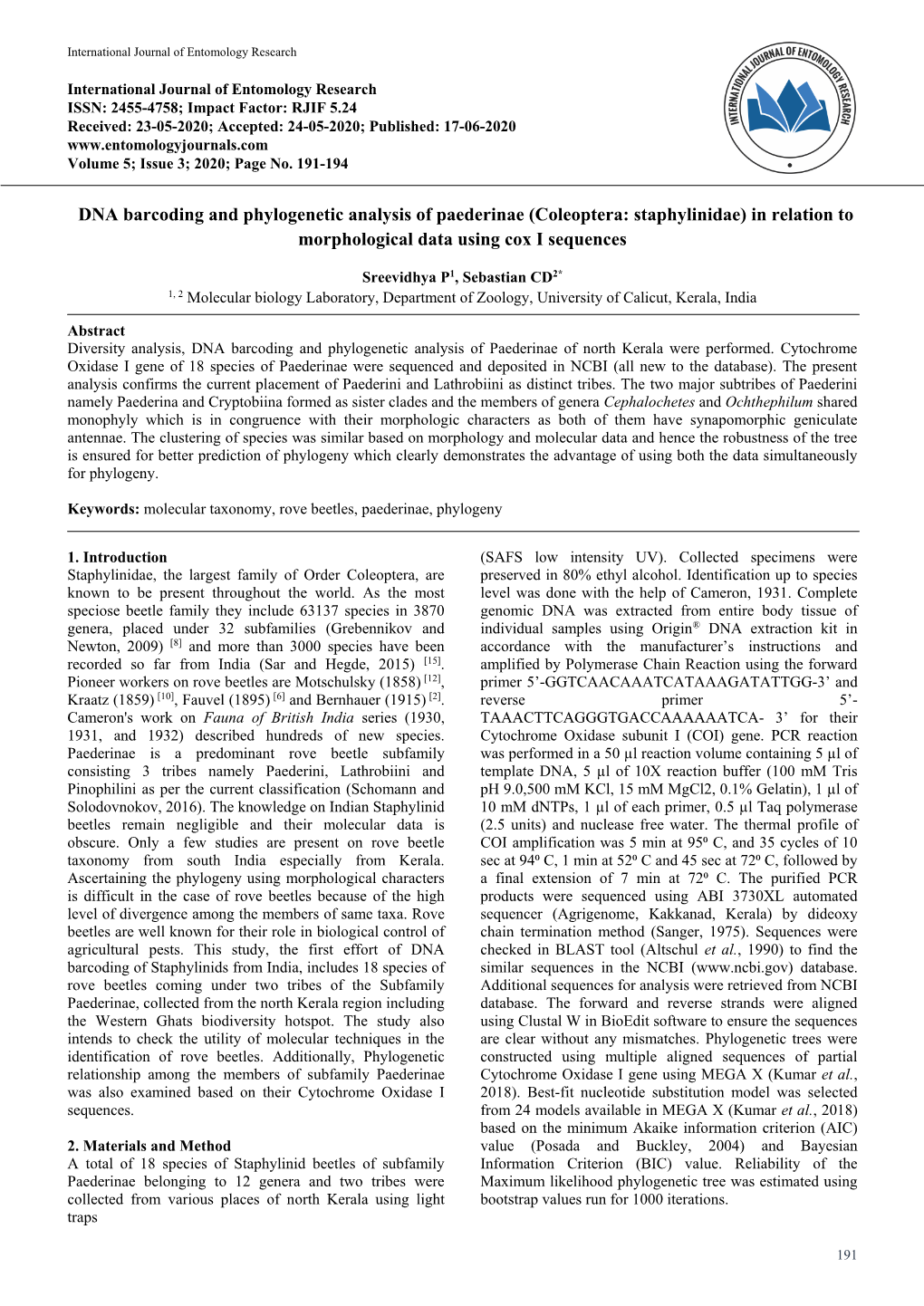 DNA Barcoding and Phylogenetic Analysis of Paederinae (Coleoptera: Staphylinidae) in Relation to Morphological Data Using Cox I Sequences