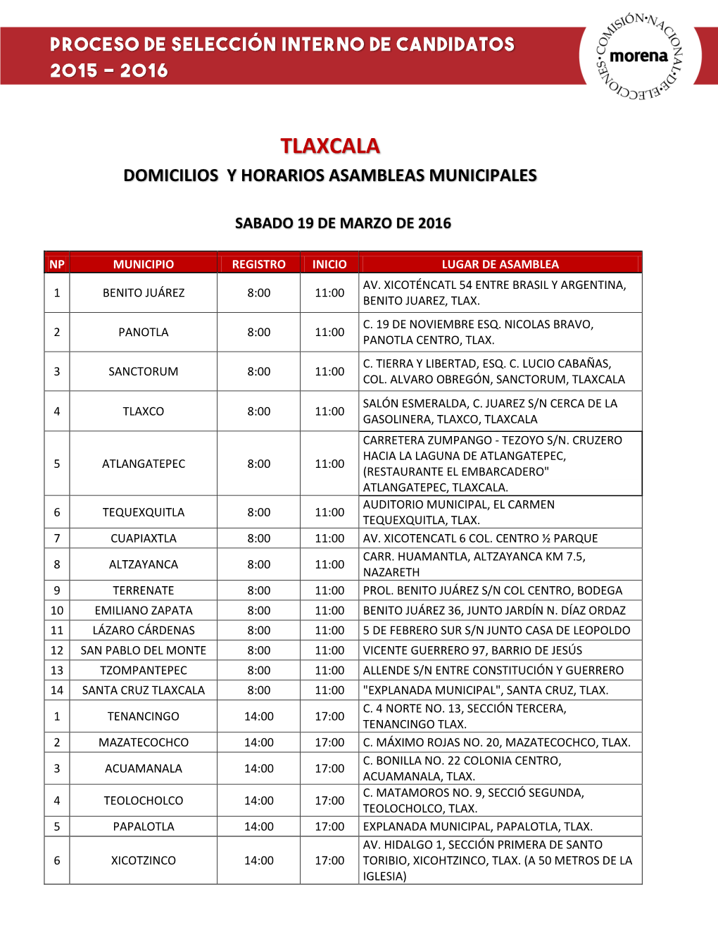 Tlaxcala Domicilios Y Horarios Asambleas Municipales