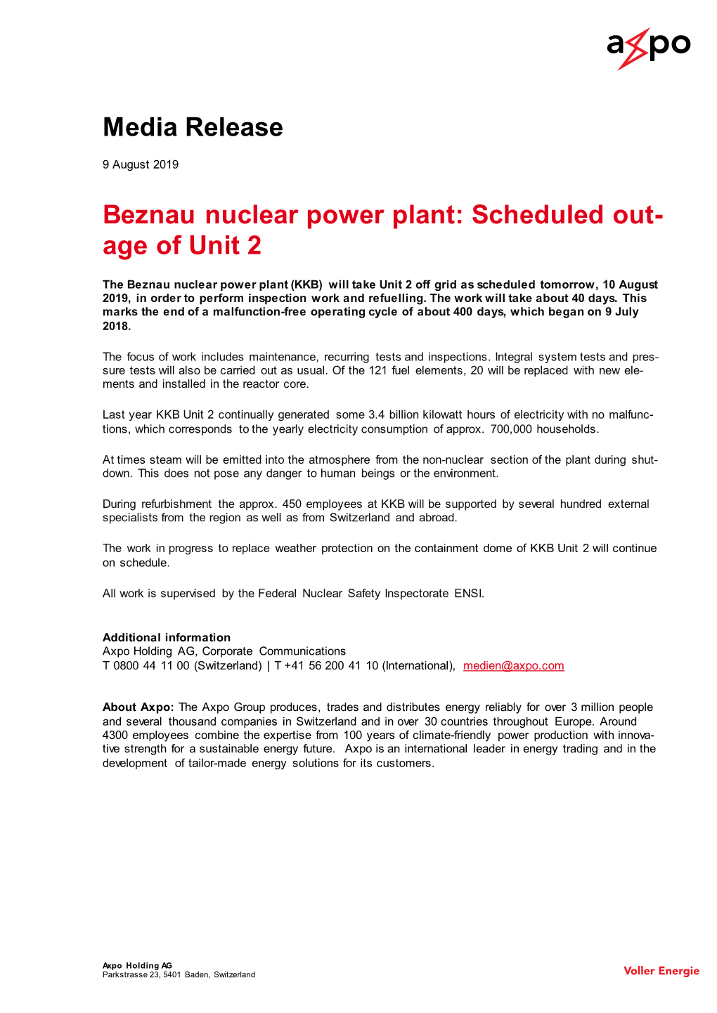 Media Release Beznau Nuclear Power Plant