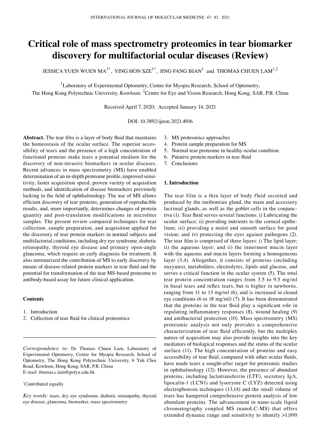 Critical Role of Mass Spectrometry Proteomics in Tear Biomarker Discovery for Multifactorial Ocular Diseases (Review)