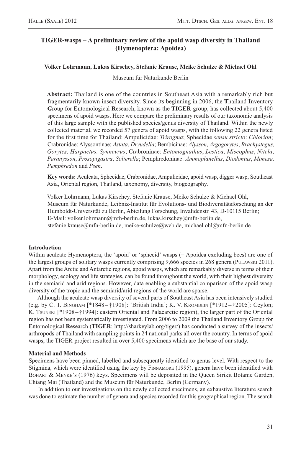 TIGER-Wasps – a Preliminary Review of the Apoid Wasp Diversity in Thailand (Hymenoptera: Apoidea)