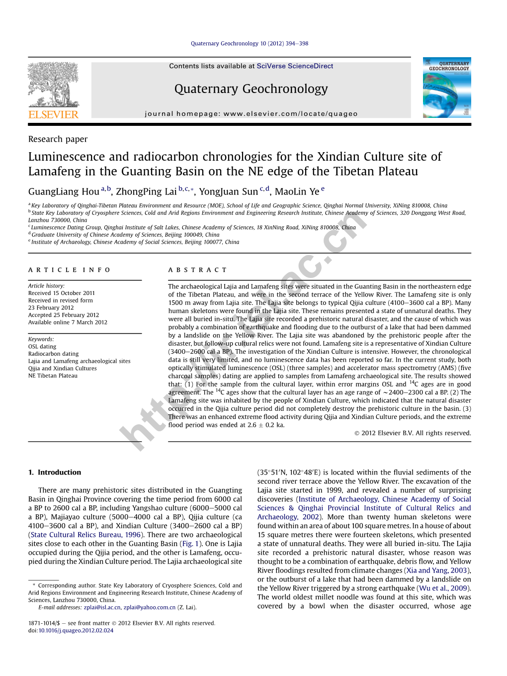 Luminescence and Radiocarbon Chronologies for the Xindian Culture Site of Lamafeng in the Guanting Basin on the NE Edge of the Tibetan Plateau