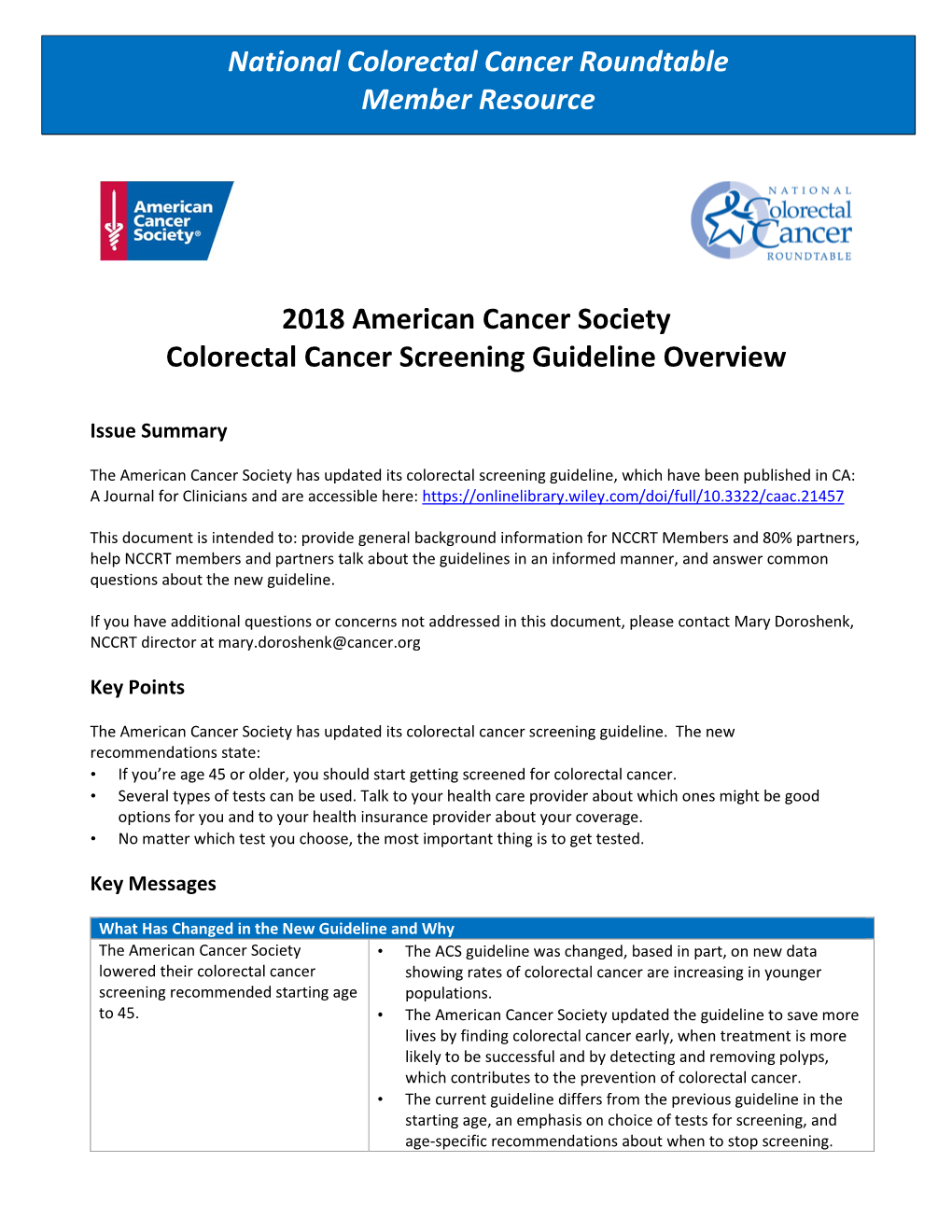 2018 American Cancer Society Colorectal Cancer Screening Guideline Overview