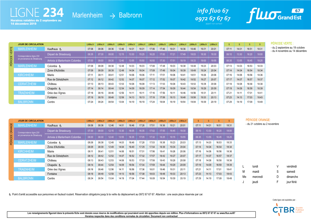 LIGNE 234 Marlenheim Balbronn Horaires Valables Du 2 Septembre Au 0972 67 67 67 14 Décembre 2019 Appel Non Surtaxé