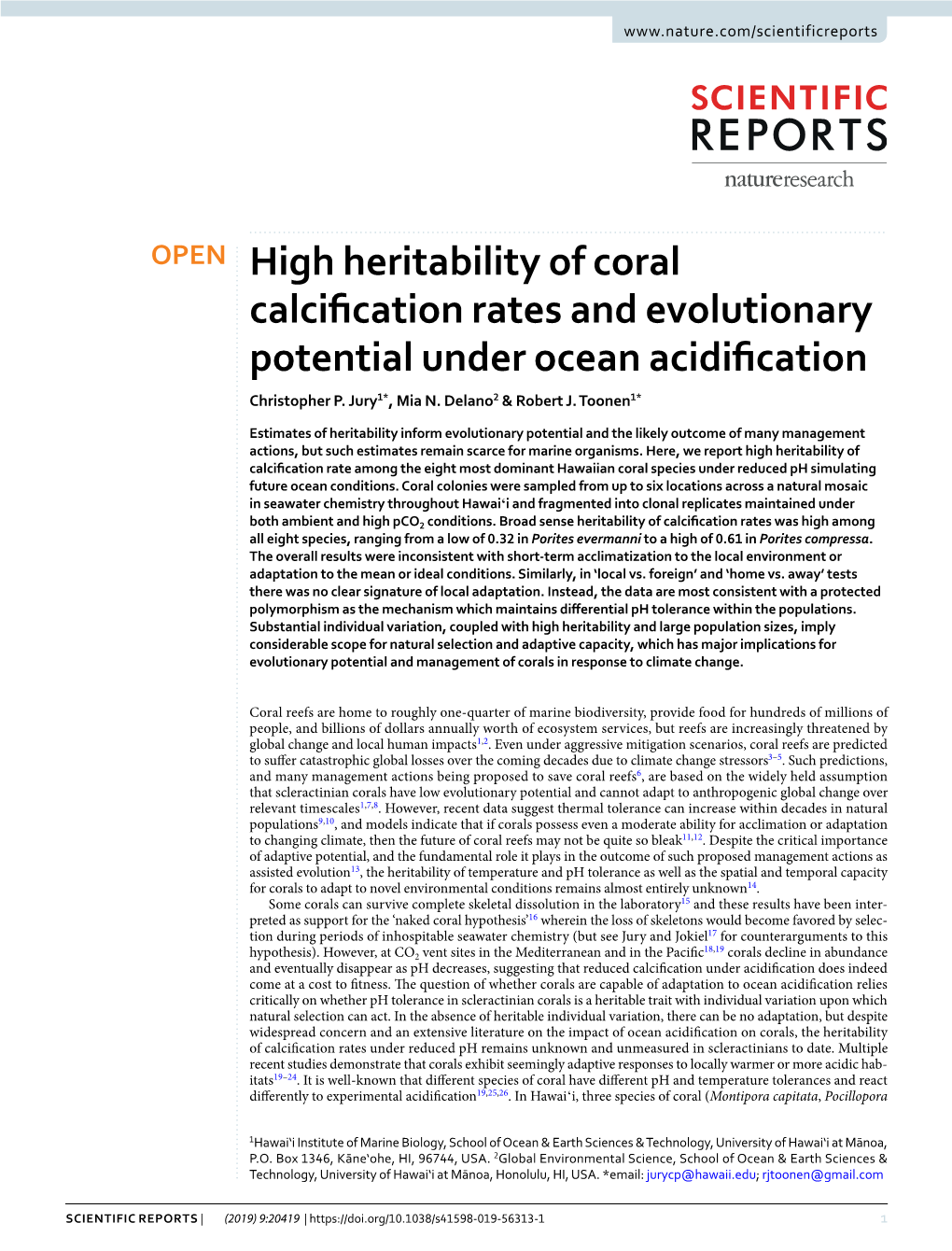 High Heritability of Coral Calcification Rates and Evolutionary Potential