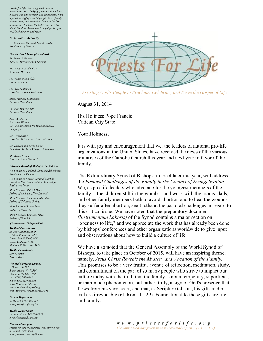 Original Letter Sent from Pro-Life Leaders to the Pope