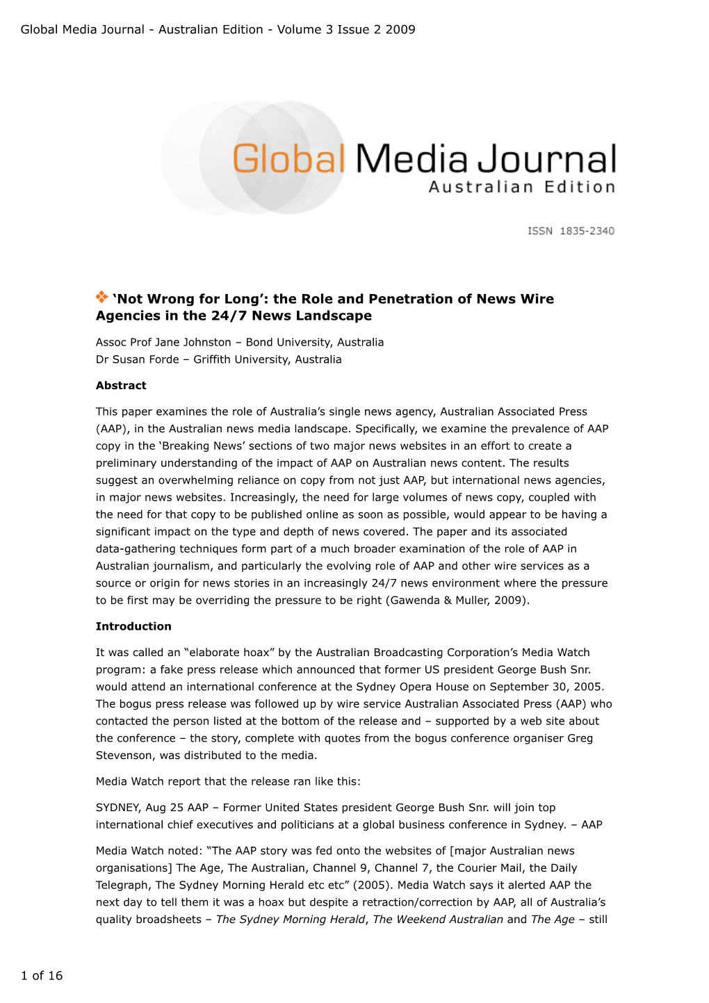 Global Media Journal - Australian Edition - Volume 3 Issue 2 2009