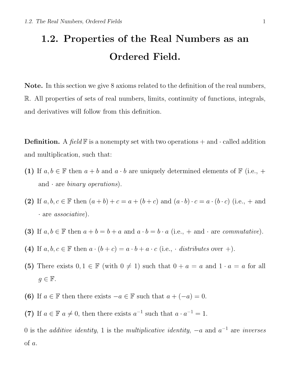 Section 1.2. Properties of the Real Numbers As an Ordered Field