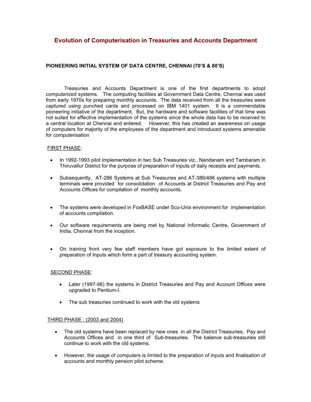 Evolution of Computerisation in Treasuries and Accounts Department