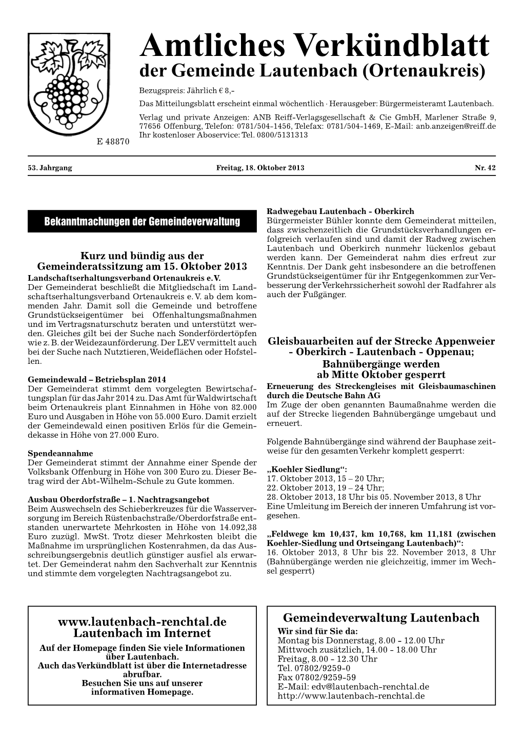 Amtliches Verkündblatt Der Gemeinde Lautenbach (Ortenaukreis)