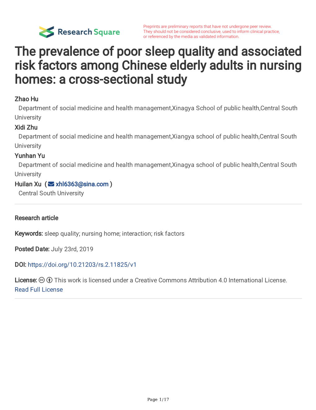 The Prevalence of Poor Sleep Quality and Associated Risk Factors Among Chinese Elderly Adults in Nursing Homes: a Cross-Sectional Study