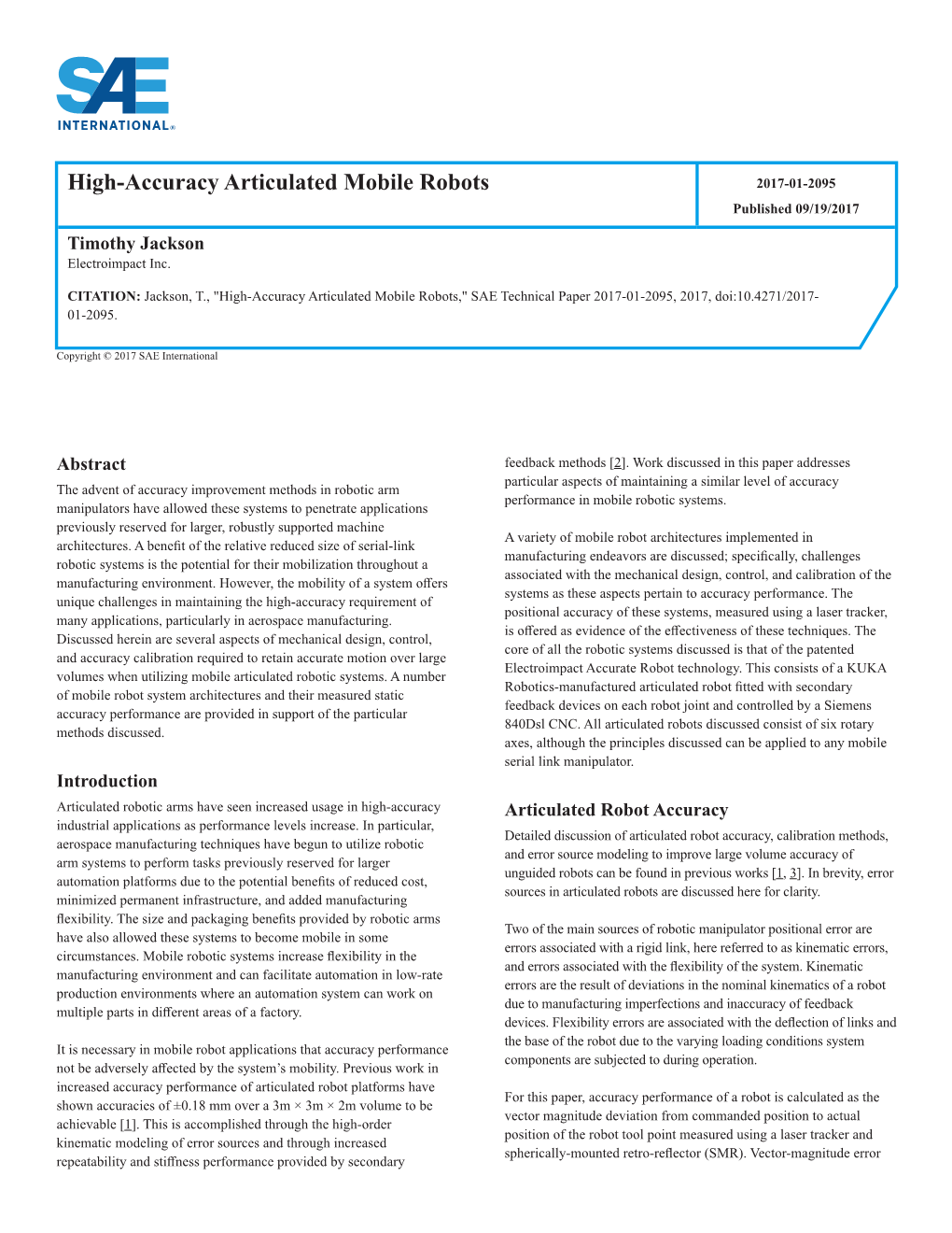 High-Accuracy Articulated Mobile Robots 2017-01-2095 Published 09/19/2017