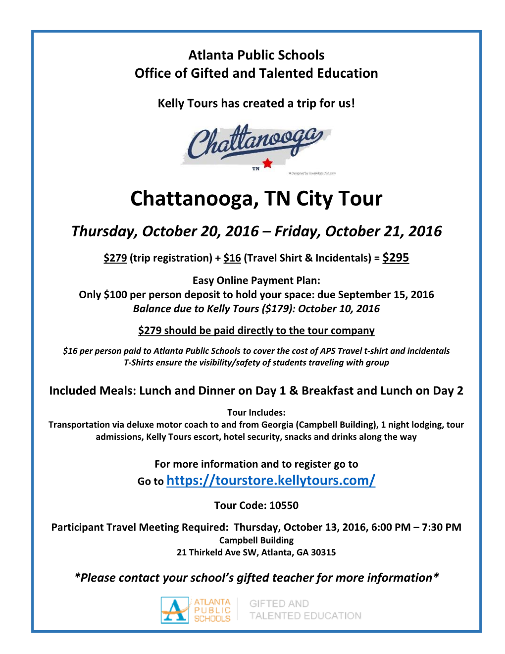 Chattanooga, TN City Tour Thursday, October 20, 2016 – Friday, October 21, 2016