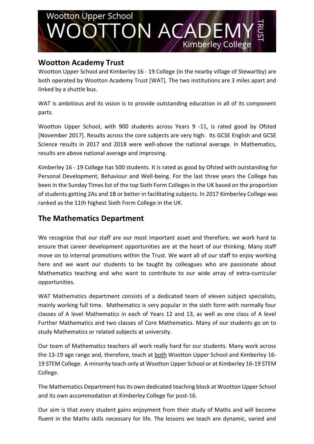 Wootton Academy Trust the Mathematics Department
