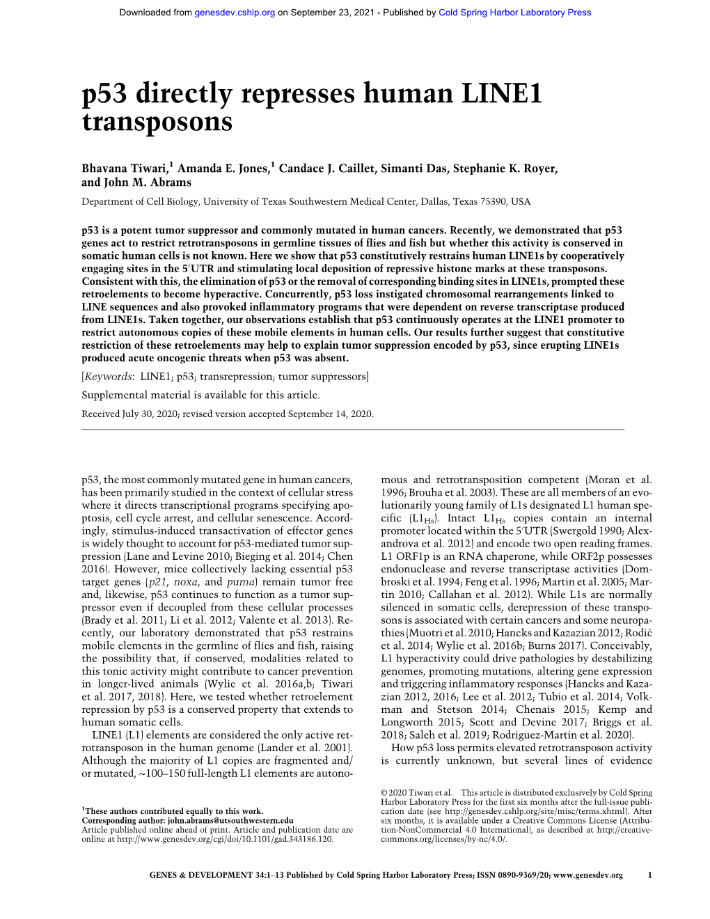 P53 Directly Represses Human LINE1 Transposons