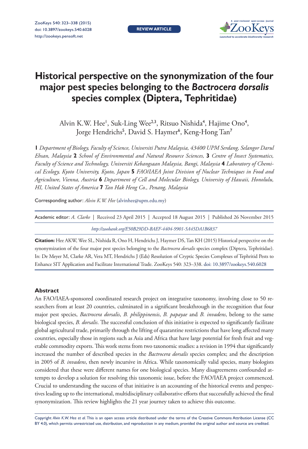 Historical Perspective on the Synonymization of the Four Major Pest Species Belonging to the Bactrocera Dorsalis Species Complex (Diptera, Tephritidae)