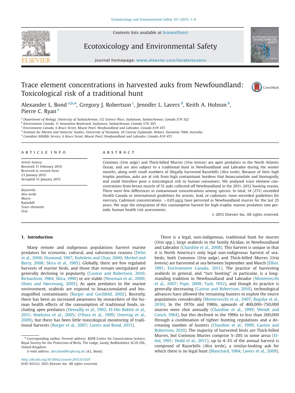 Trace Element Concentrations in Harvested Auks from Newfoundland: Toxicological Risk of a Traditional Hunt