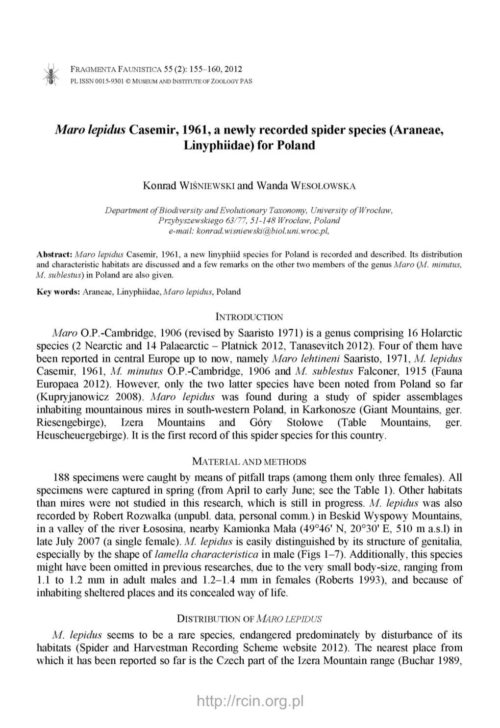 Maro Lepidus Casemir, 1961, a Newly Recorded Spider Species (Araneae, Linyphiidae) for Poland