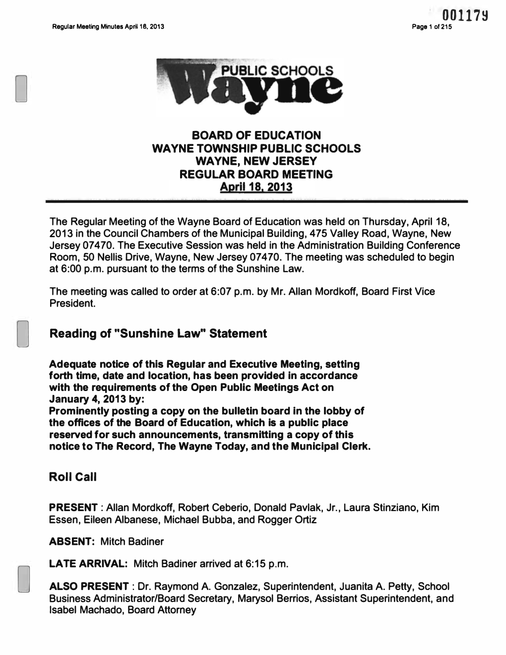 Regular Meeting Minutes April 18, 2013 Page 1 Or 215 O