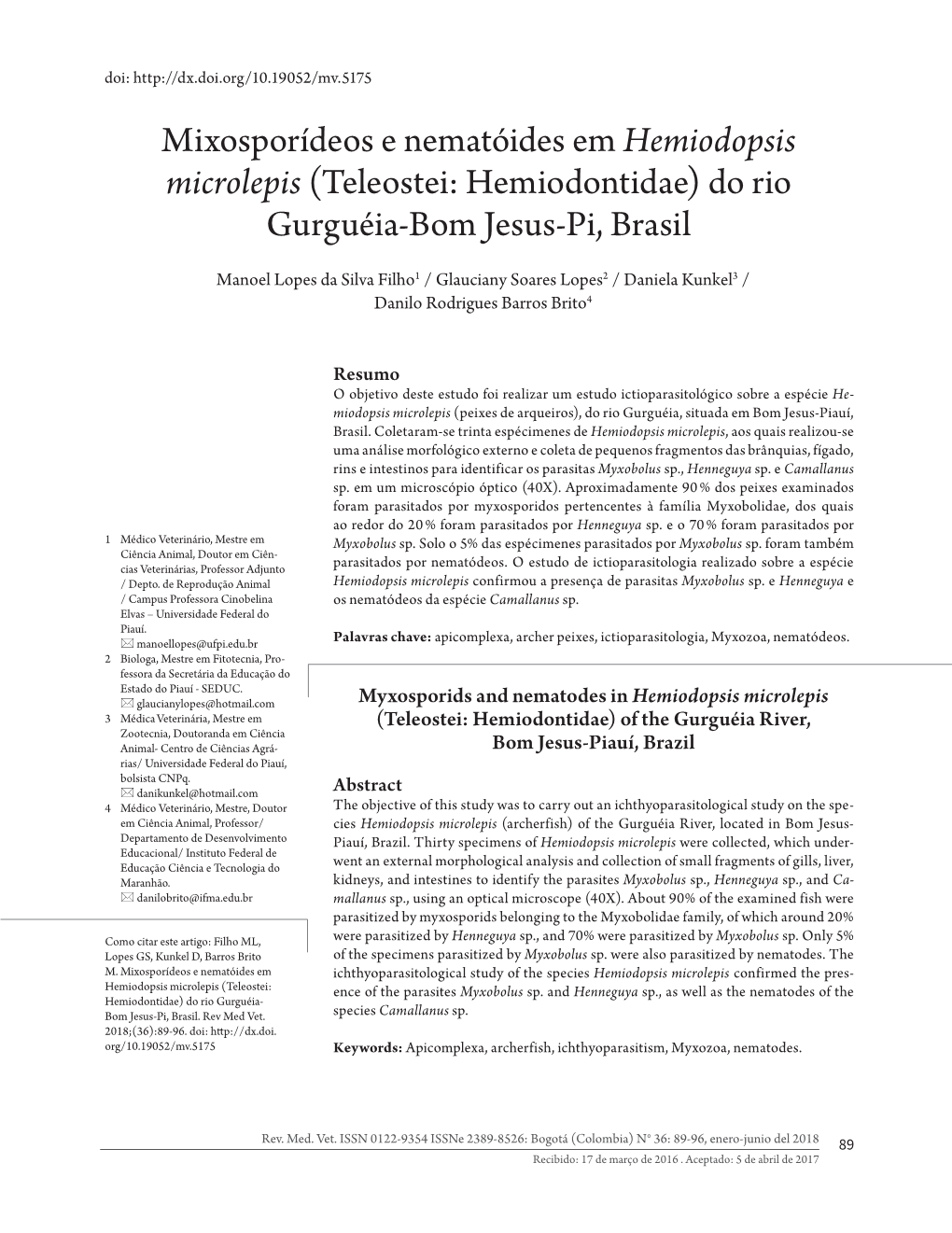Mixosporídeos E Nematóides Em Hemiodopsis Microlepis (Teleostei: Hemiodontidae) Do Rio Gurguéia-Bom Jesus-Pi, Brasil