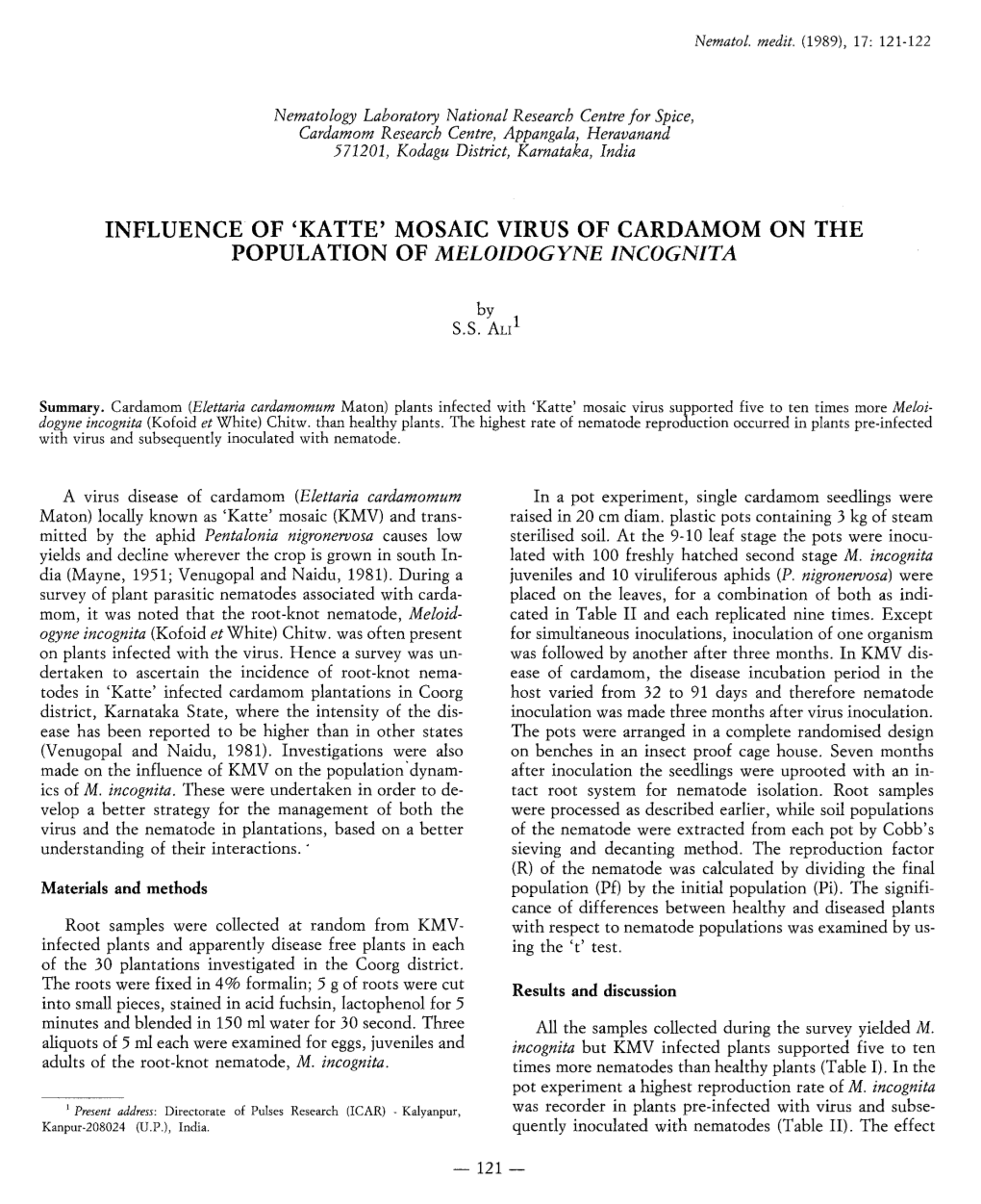 Influence of 'Katte' Mosaic Virus of Cardamom on the Population of Meloidogyne Incognita