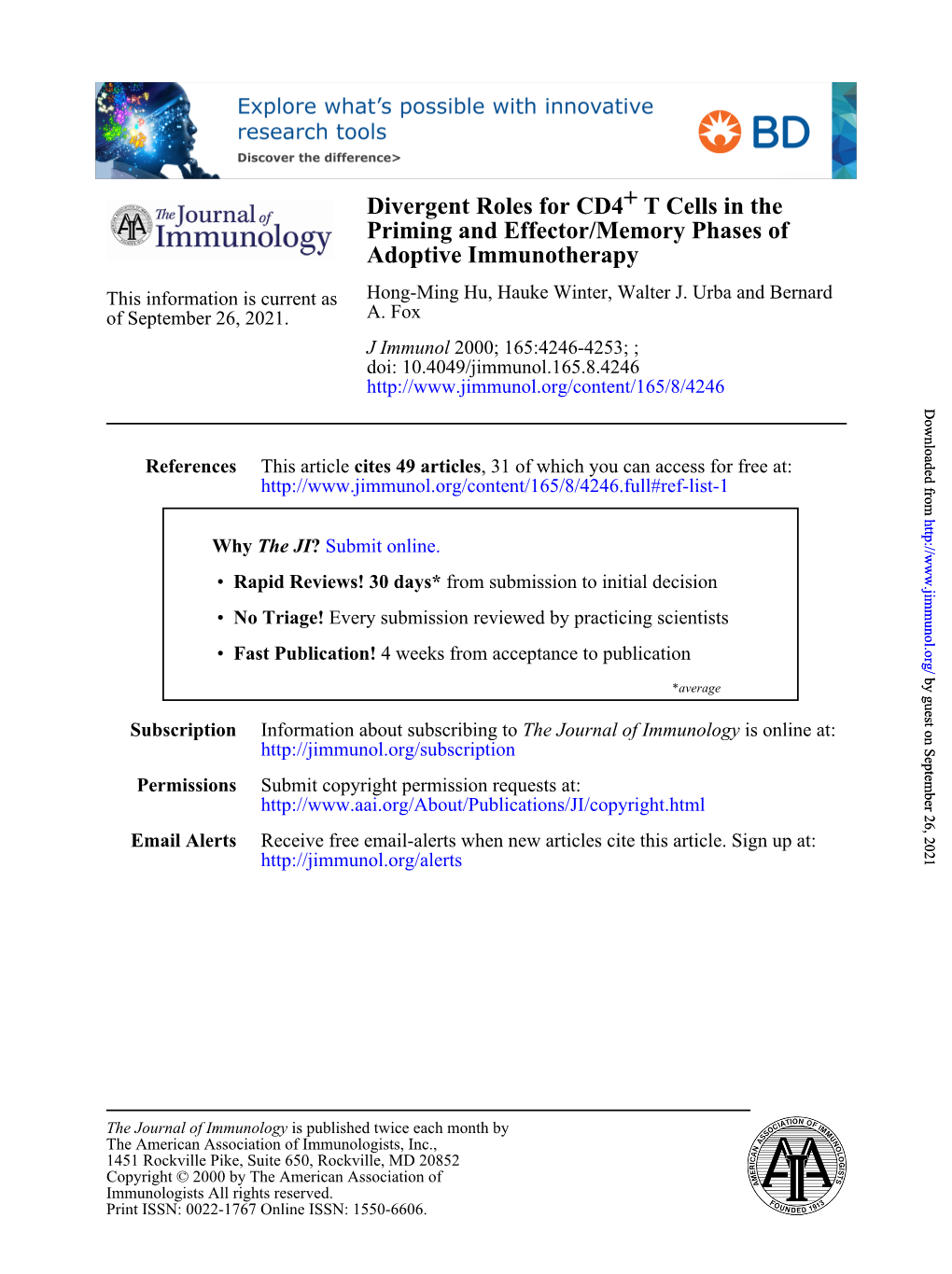 T Cells in the Priming and Effector/Memory Phases of Adoptive Immunotherapy